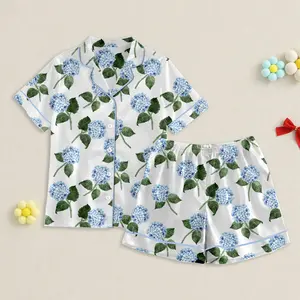 Blue Hydrangea Satin Pajamas Set, Watercolor Floral Pjs Silky Sleepwear Luxury Flower Loungewear Cute Matching Pajama Set Gift