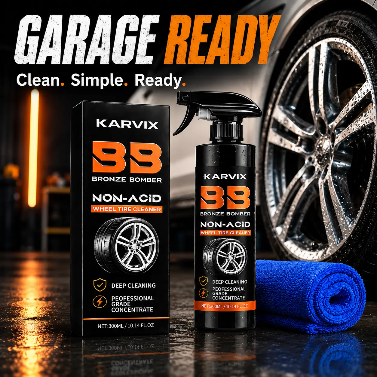 Non Acid Wheel and Tire Cleaner Concentrated Spray with Microfiber Towel for Deep Cleaning Brake Dust and Tough Grime Car Detailing Formula 300ml