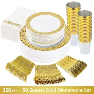 Kerilyn 350/700PCS Disposable Dinnerware Set for 50 Guests, Plastic Plates Gold Silverware Napkins Cups, Perfect Party Supplies for Wedding Birthday        TikTok， TikTok？ TikTok？