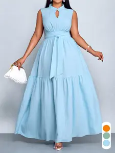 Elegant Solid Color Maxi Dress for Plus Size Women, Long Dress with Stand Collar and Waist Belt, All Seasons Fitted Chic Style, Summer Casual Wear