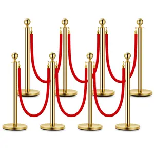 GARVEE Gold Stanchion Post Set with Velvet Rope - VIP Queue Barrier Poles for Red Carpet Events, 8-Pack Elegant Crowd Control Posts