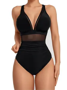 New Solid Color V Neck Mesh Patchwork Crinkle One Piece Bikini, Casual Summer Swimwear, Thin Fabric, Fitted Style