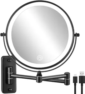 DECLUTTR Rechargeable Wall Mounted Lighted Makeup Mirror 8 Inch 10X Magnifying with 3 Color Lights Dimmable Touch Screen for Bathroom Black