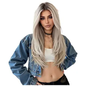 Imported silk full wig with free parting, realistic gradient golden long straight hair, women's full head wig