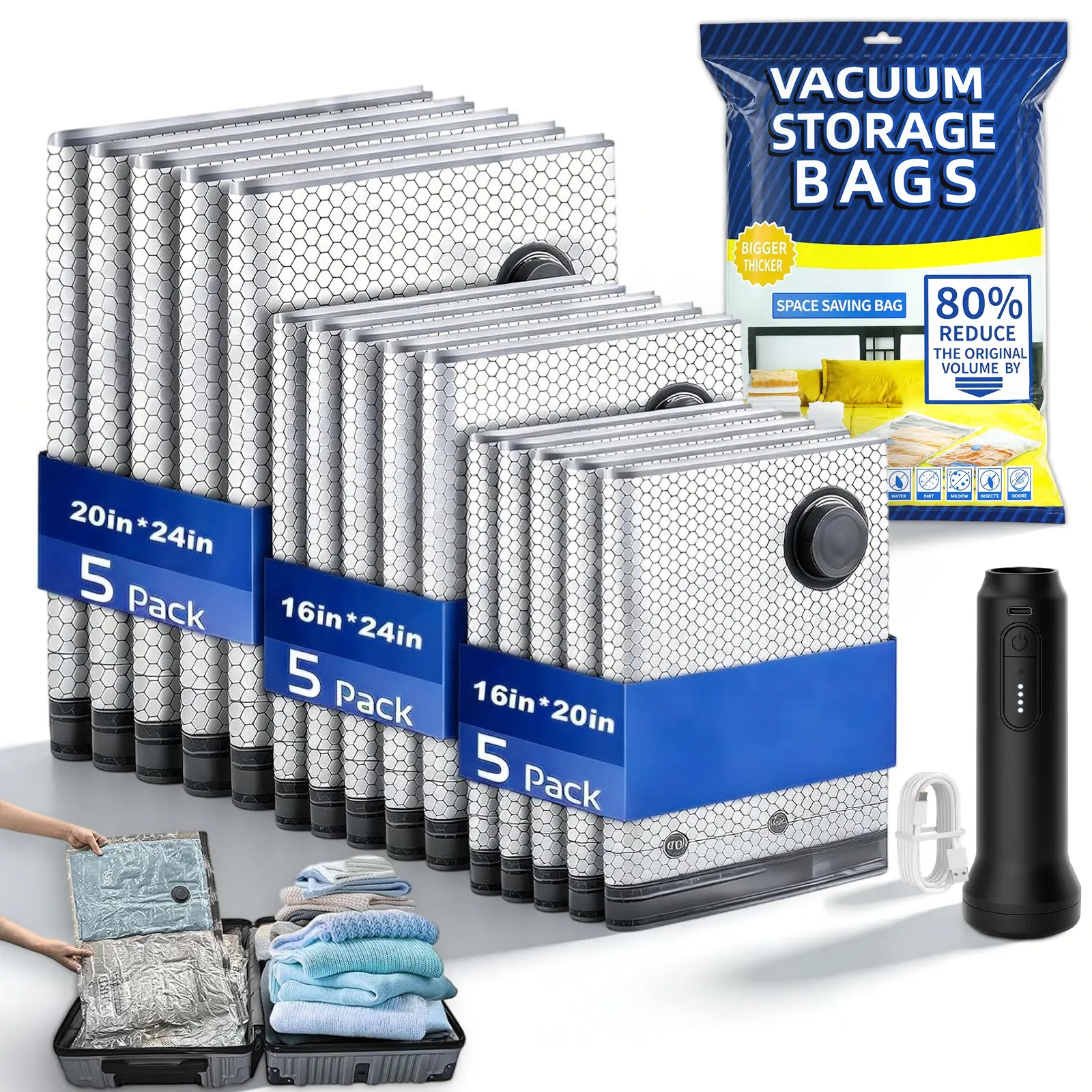 Vacuum Bags for Travel with Rechargeable Electric Pump, 15 PCS  Storage Bags Vacuum Sealed, Space Saver Bags Carry-on Size Compression Packing Bags for Luggage and Suitcase,dorm essentials,home decor