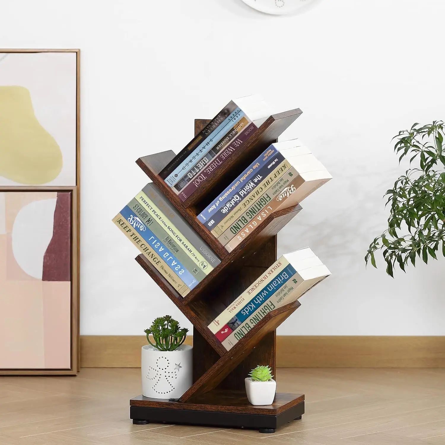 4-Shelf Tree Bookshelf, 24.1-Inch Retro Floor Standing Bookcase Display for CDs/Magazine/Books, Small Bookshelf for Bedroom, Living Room, Office,Balcony, Brown Storage Shelves