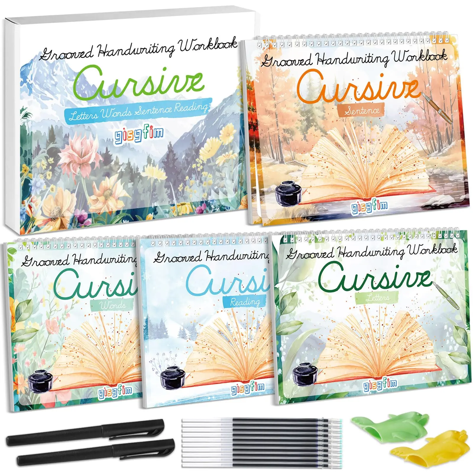 GISGFIM 4-Pack Cursive Handwriting Practice Kits, Grooved Magic Calligraphy Paper Set with Disappearing Ink Pens for Kids' School Supplies