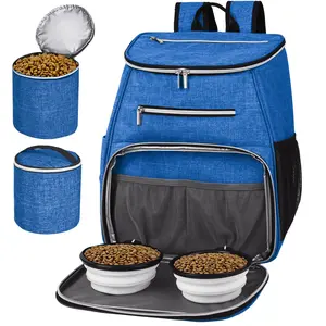 Dog Travel Bag Backpack, Airline Approved Pet Supplies Backpack, Dog Travel Backpack With 2 Silicone Collapsible Bowls and 2 Food Baskets Blue