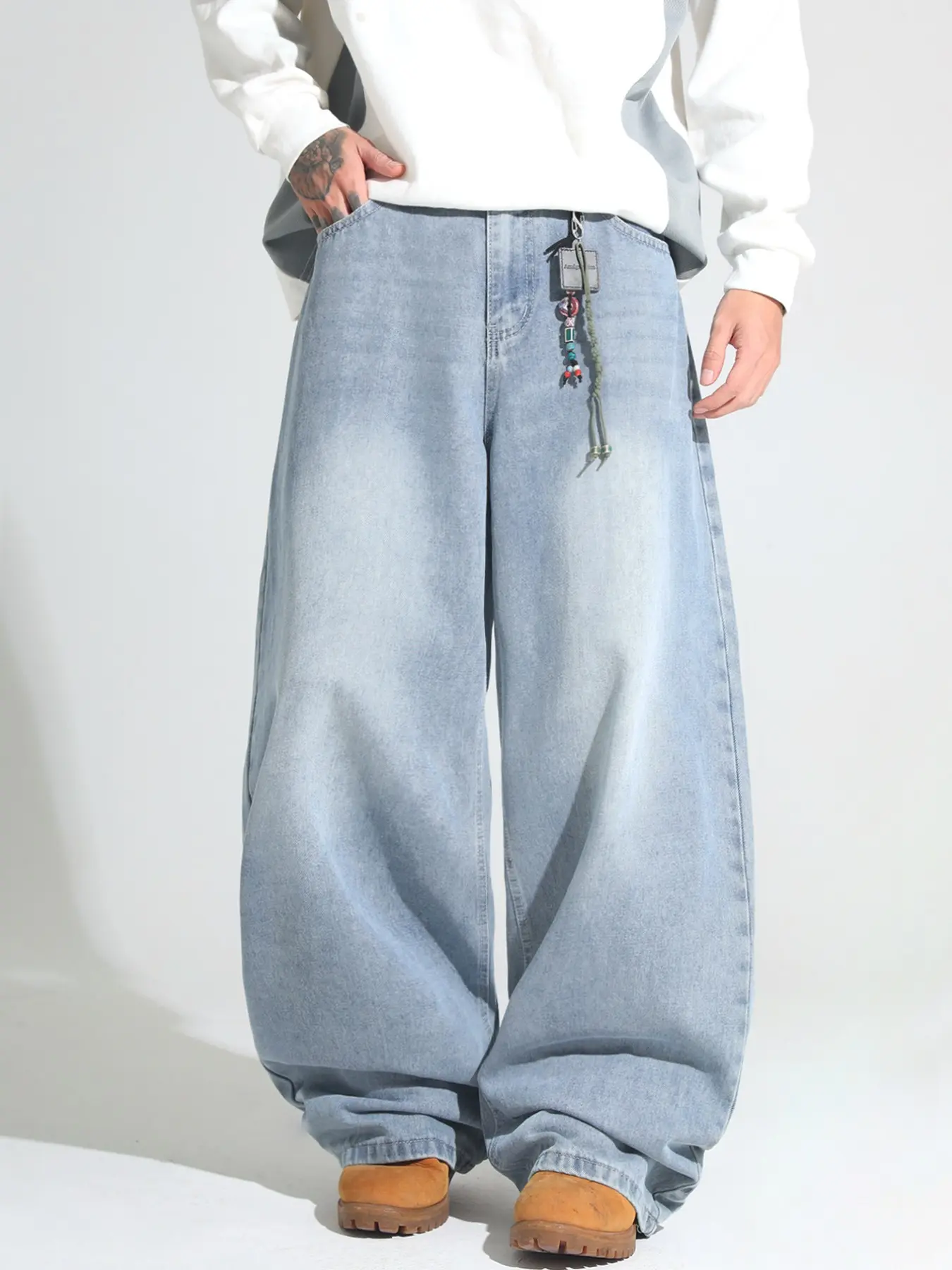 Men's Trendy Light Blue Oversized Wide-Leg Denim Jeans Pants, Loose Fit, Distressed Wash, Street Style, Streetwear, Casual Everyday Wear, Multiple Sizes Available