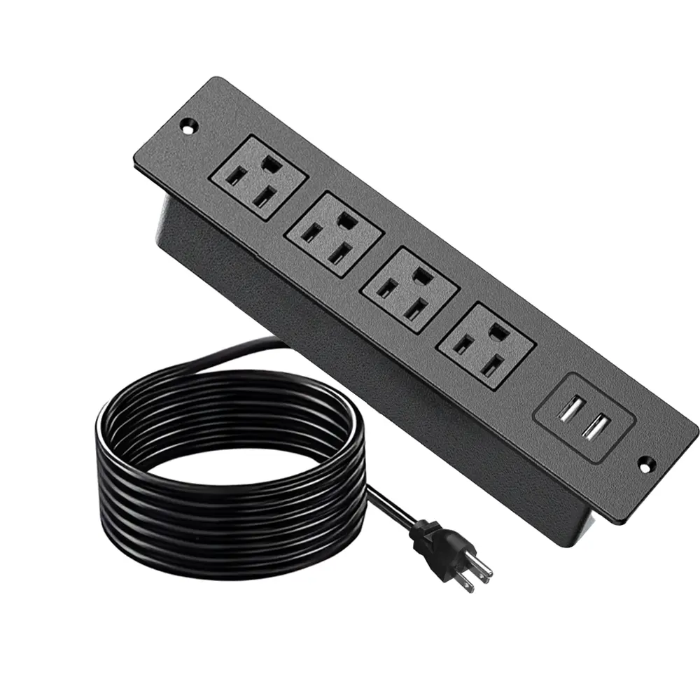 Recessed USB Multi Plug Power Strip with Wall Outlet Expander, Flush Hidden Desk Grommet, 6-IN-1 Compact Design, 4 Outlets, 2 USB-A Ports, 4.92FT Cord, 125V 12A 1500W Efficient Space Management