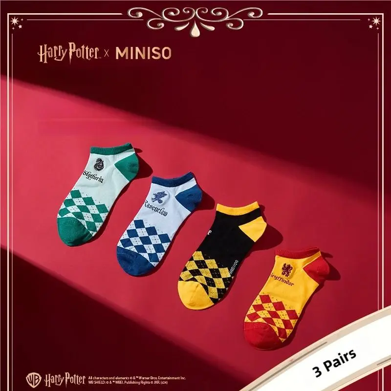 Harry Potter Series Unisex 3-Pair Short Socks, Comfortable Autumn-Winter Geometric Print Home & Back-to-School Footwear Set