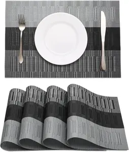 Black Placemats Set of 4 Heat-Resistant Washable Place Mats Non-Slip Vinyl Woven Table Mats Wipeable Placemat for Kitchen Dining Table Decoration Indoor Outdoor