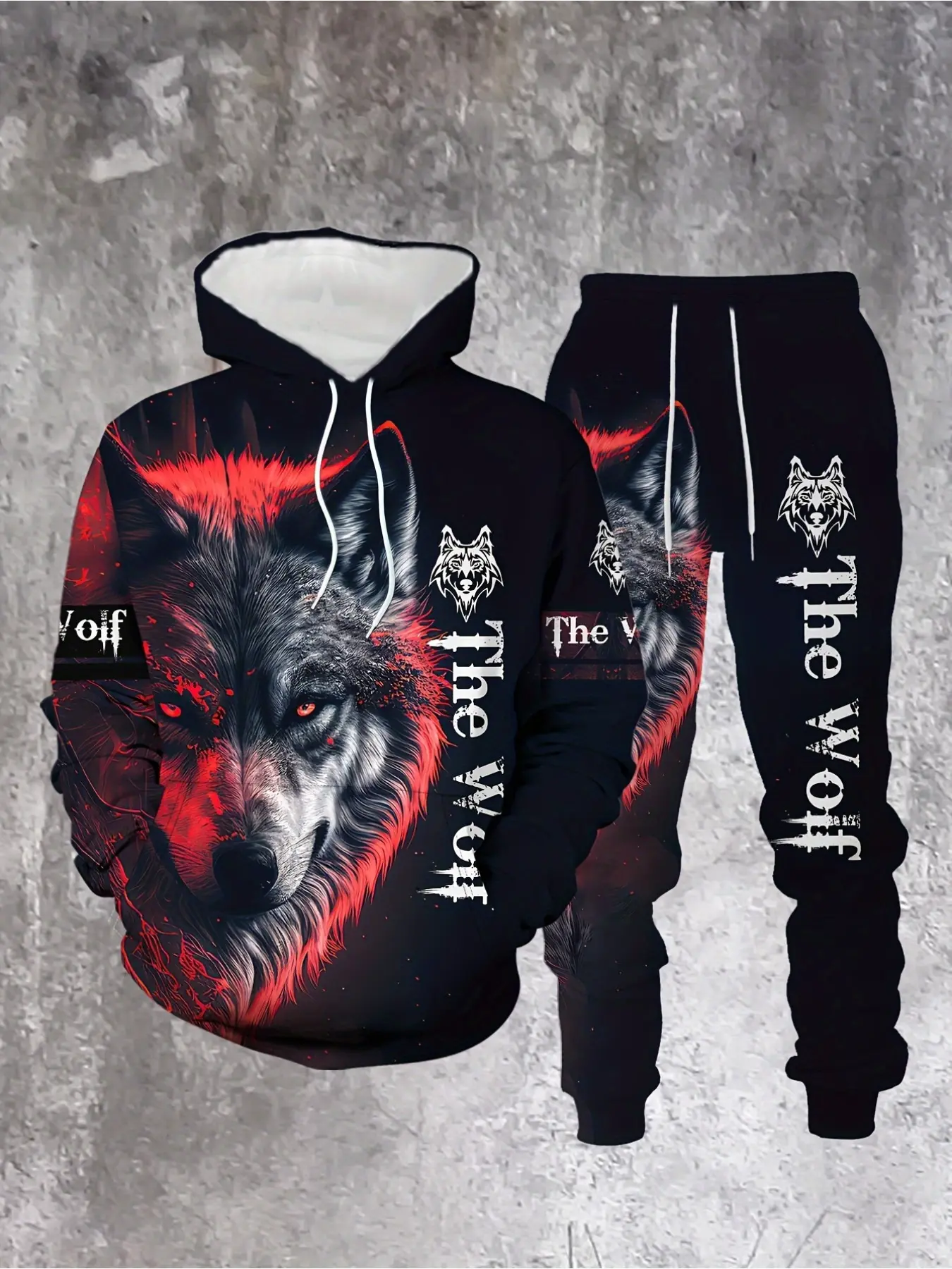 Trendy street men's clothing new autumn and winter fashion casual sporty design animal wolf print hoodie set letter print casual sweatpants with sweater 2-piece set Casual Athletic Clothing Casual Tracksuits