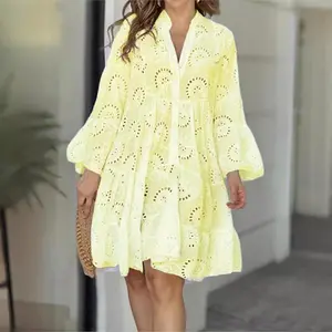 EyeletEmbroideryNotchedNeckSmockDress,ElegantFlounceSleeveButtonFrontShortDressforVacationHoliday,EmbroideredDress,DressforAllSeasons,Women'sClothesforAllSeasons,HolidayDressesBeachWomenswear