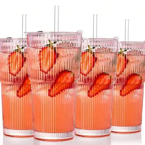 Large Capacity Striped with Lid, Insulated, Multi-Purpose for Cold Drinks, Juice and Coffee, Ideal for Home and Office Use, Glass Drinking Cup