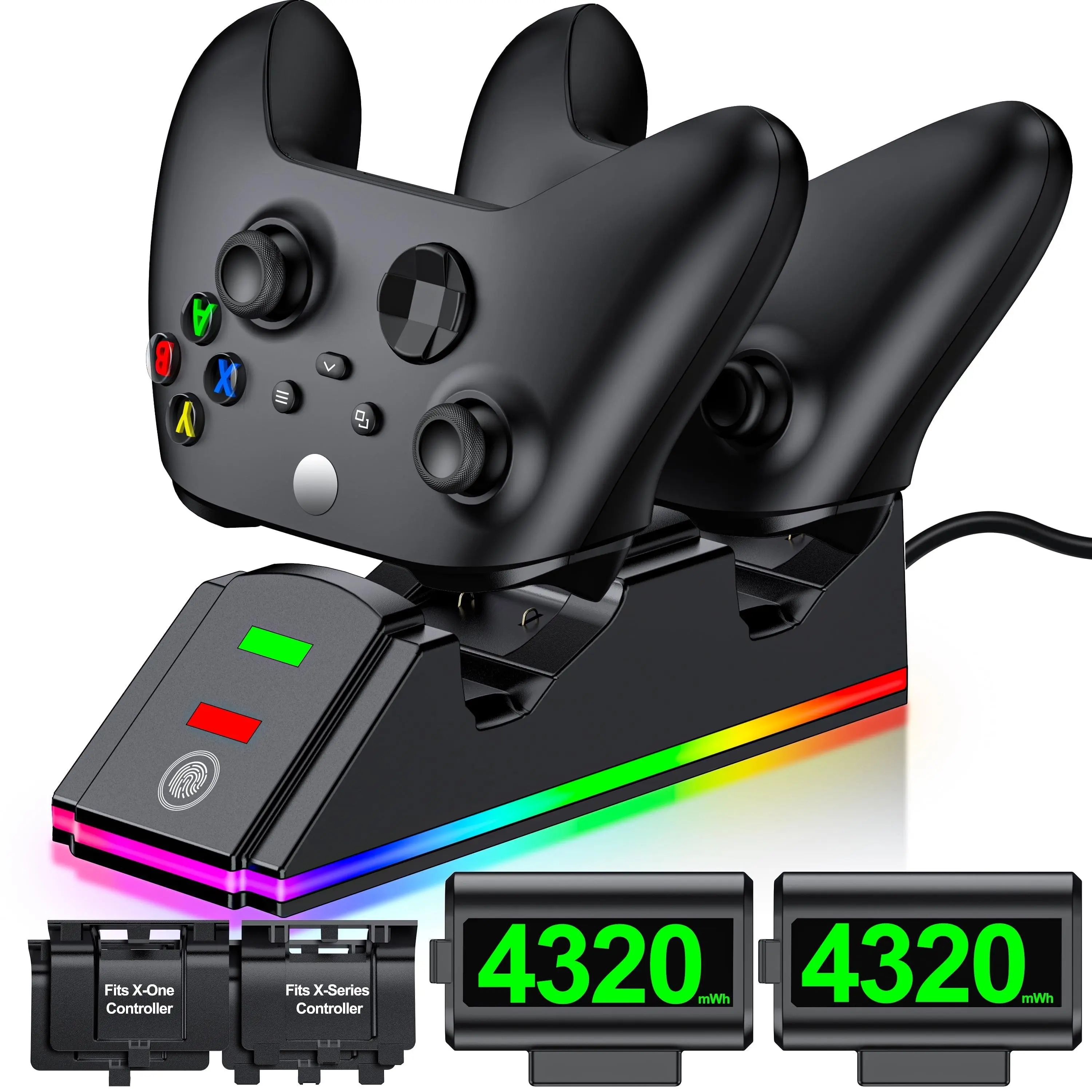 Xbox Controller Charger with 2x4320 mWh Rechargeable Batteries, Charging Station for Xbox Series X/S/One S/X/Elite