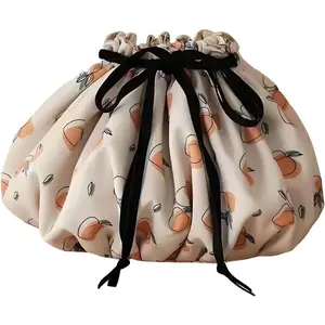 Large Capacity Drawstring Makeup Bag - Oxford Cloth, Floral & Fruit Print, Multiple Inner Pockets, Lightweight & Portable for Travel & Daily Use (Milk Apricot)