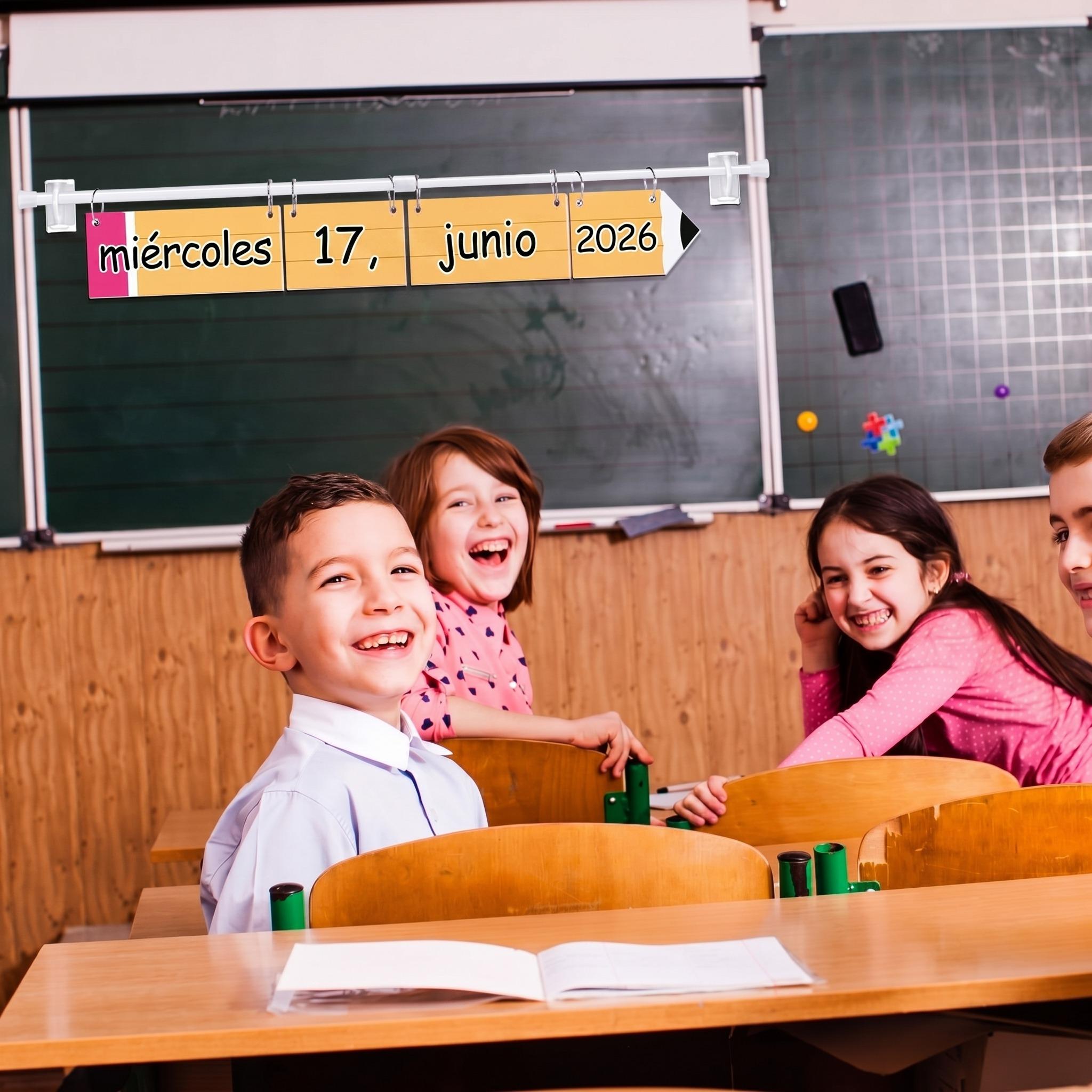 Spanish Classroom Flip Calendar Back to School Reusable Classroom Calendar Calendario Espanol First Day of School Bulletin Board White Board Classroom Decor Teacher Hack Organization Kit Include Rod and 54 Date Cards for Preschool kindergarten Primary