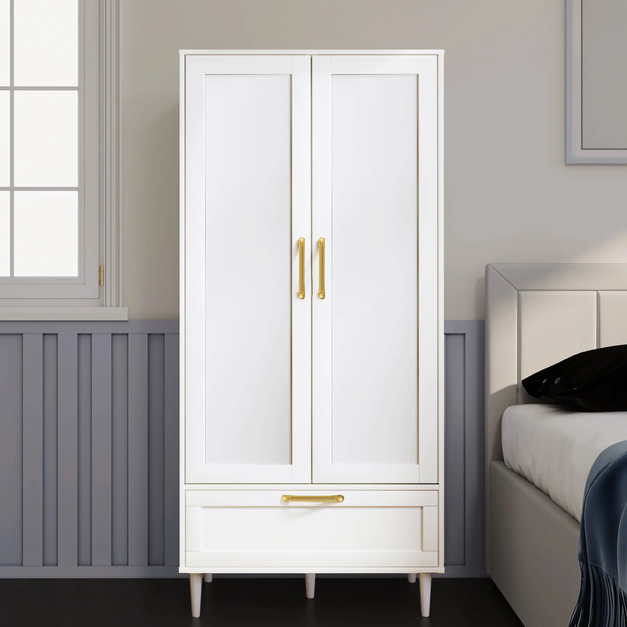 Minimalist White and Black Double-Door Wardrobe Closet with Drawers, Exquisite Modern Clothing Storage for Modern Bedrooms