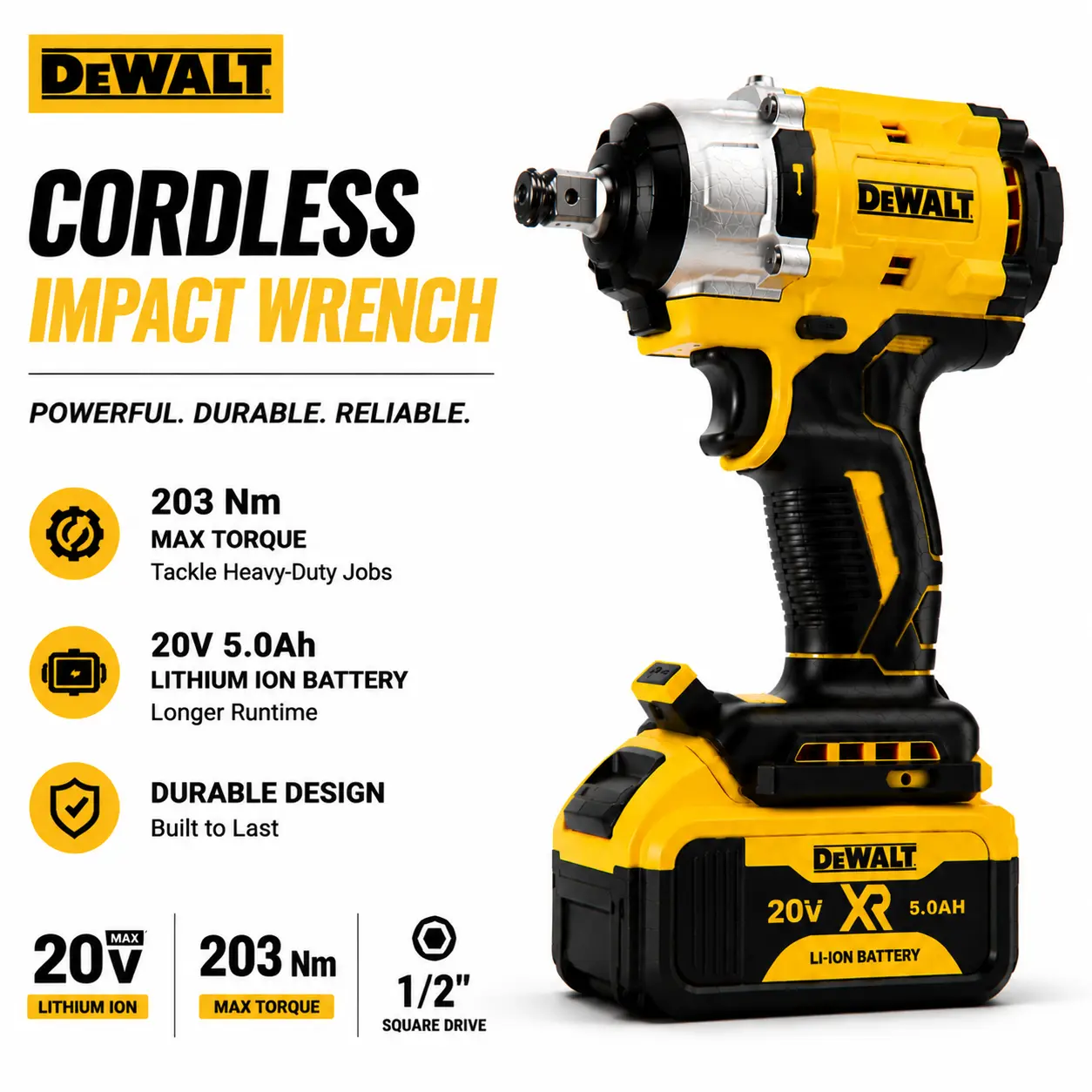 ()DEWALT Cordless Impact Wrench Kit, Fast Nut & Bolt Tightening and Removal, Durable Metal Gear & Reinforced Housing, Powerful Battery Impact Gun, Automotive Power Tool for Tire Change, Auto Repair, Garage, Workshop & DIY