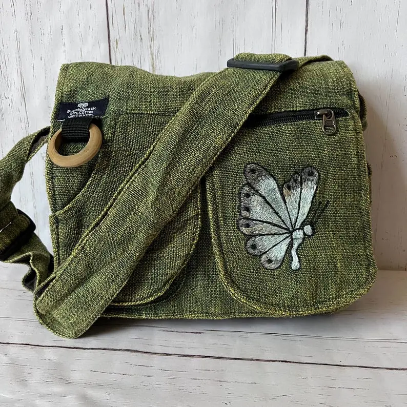 Multi pocket Crossbody Messenger Bag, Butterfly Embroidery,Minimalist Casual bag, Crossbody Bag,Organic Cotton, Shoulder Bag,Vegan gift