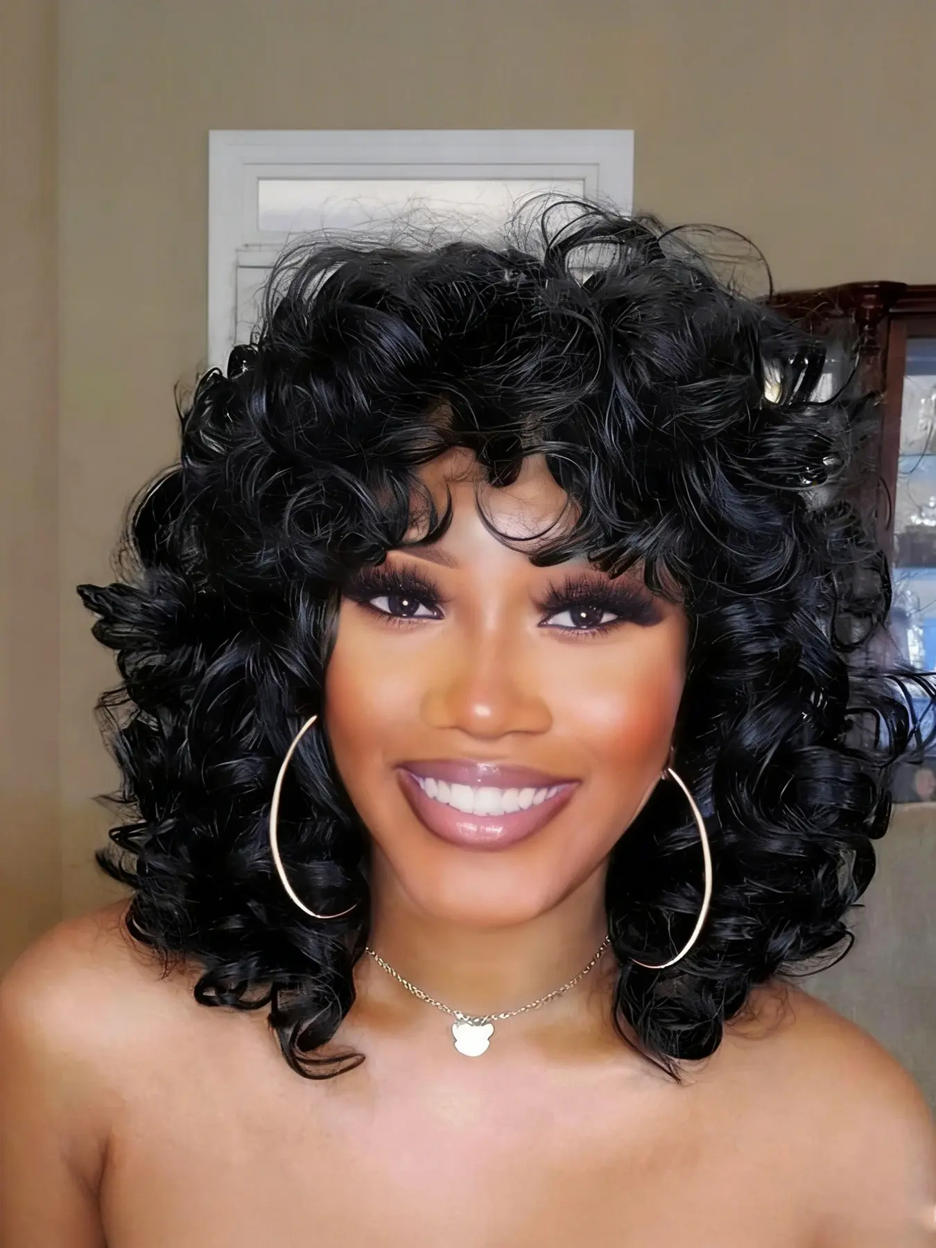 Short Curly Wig for African American Women, Afro Kinky Curly Wig with Bangs, Cute Loose Curls Synthetic Wig, Fluffy Wigs