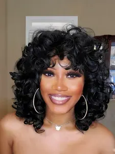 Short Curly Wigs for Black Women Afro Kinky Curly Wig with Bangs Loose Cute Curls Synthetic Hair for African American Women Synthetic Machine Wigs Black Woman Wigs