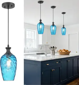 Glass Pendant Lights Kitchen Island, 1-Light Blue Pendant Light Fixtures with Hammered Glass Modern Farmhouse Hanging Light for Kitchen Sink Dining Room Bedroom
