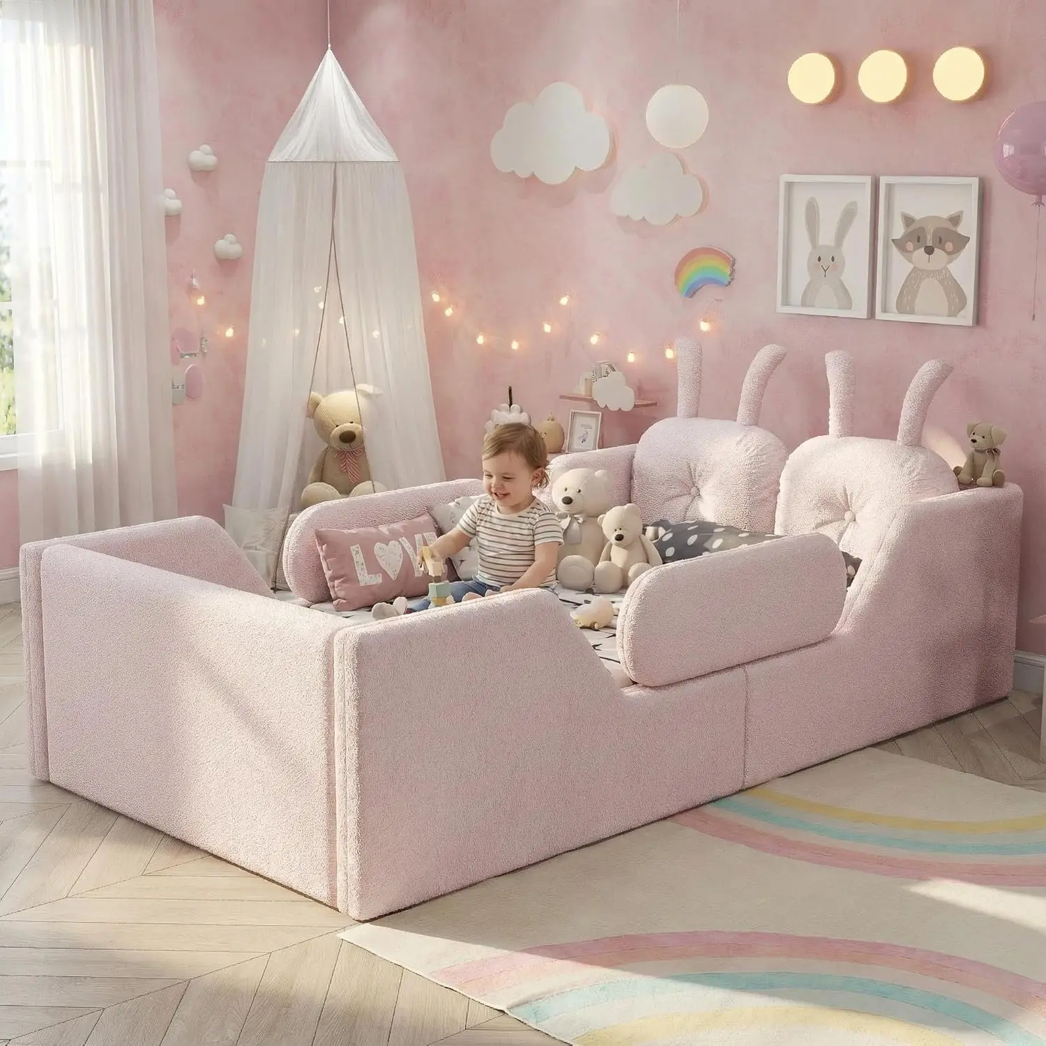 Twin size Bed Frame with High Guard Rails, Soft Teddy Upholstered Twin Size Floor Bed Frame with Removable Side Rails, Low Profile Floor Beds with Rabbit Cushion, Pink