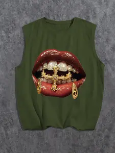 Men's Casual Trendy Cross Teeth Lips Print Sleeveless T-Shirt, Street Style Vest, Summer Hip Hop Round Neck Tank Top