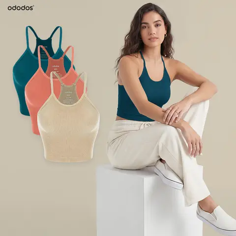 ODODOS Women's Crop 3-Pack Seamless Rib-Knit Camisole Tank Tops