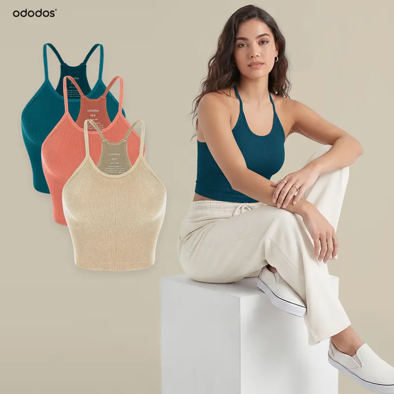 ODODOS Women's Crop 3-Pack Seamless Rib-Knit Camisole Tank Tops