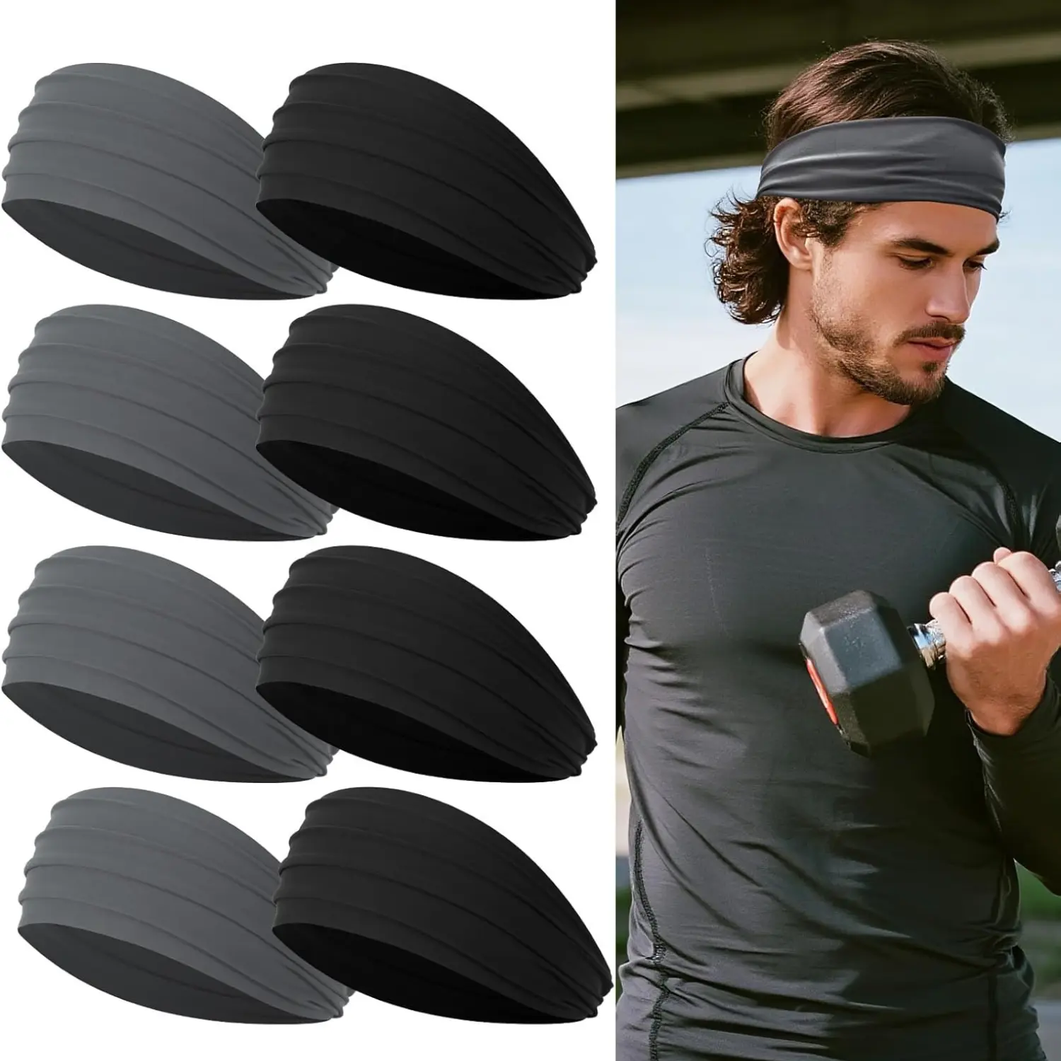 8 Pack Men's Nylon Sweatband Headband - 5.5in Breathable, Stretch Fit, Sweat-Wicking, Quick-Dry Athletic Headband for Fitness, Running, All Seasons, Athletic Headbands