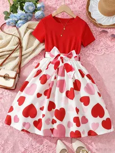 Sweet Girl Patchwork Floral Print Short Sleeve Dress, Heart Pattern, Bow Decoration, Casual Summer Gift, Perfect for Parties and Daily Wear