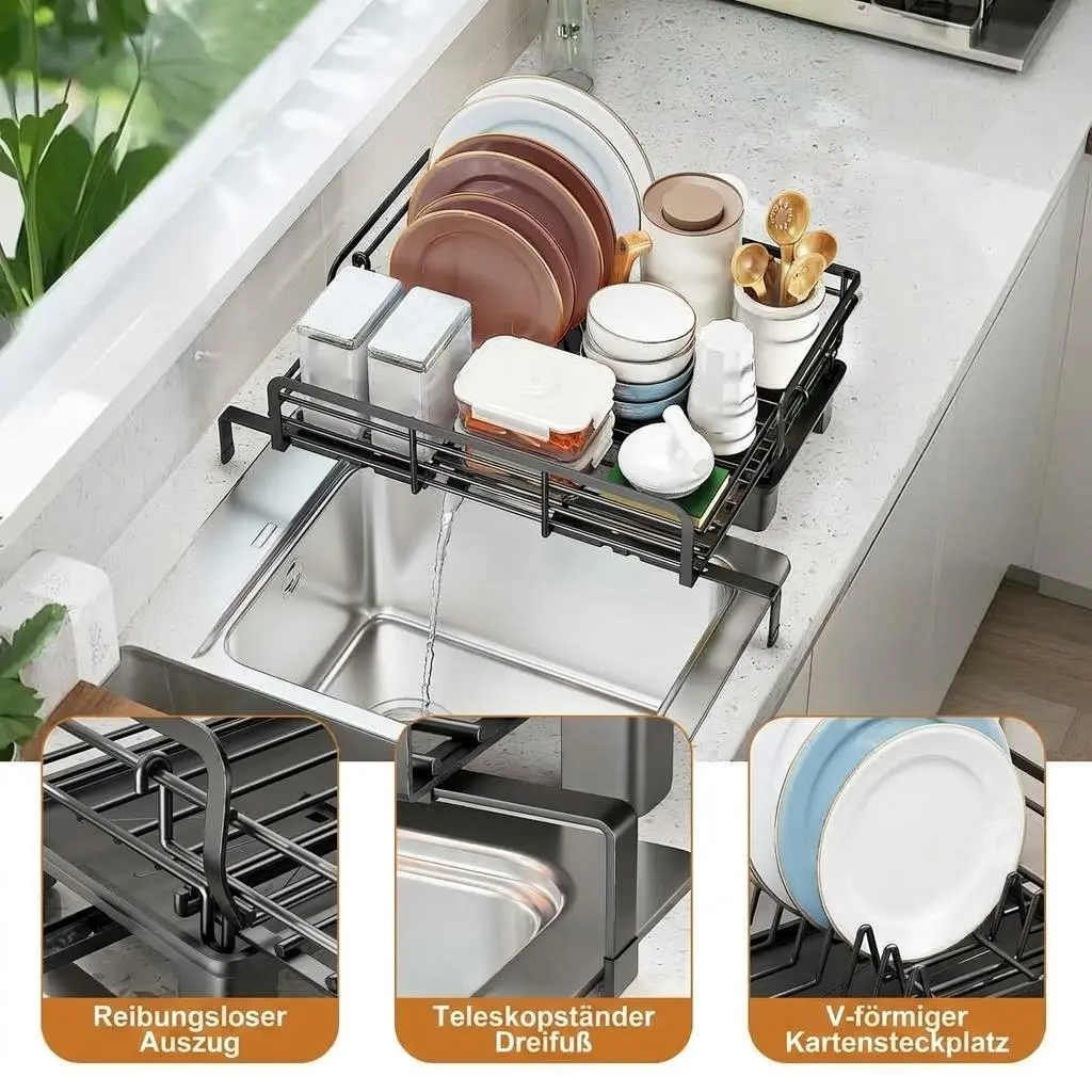 Expandable Steel Countertop Dish Rack, Smooth Adjustable Multi-Functional Kitchen Organiser, Sturdy Large Extendable Design for Apartments and RVs Small Spaces