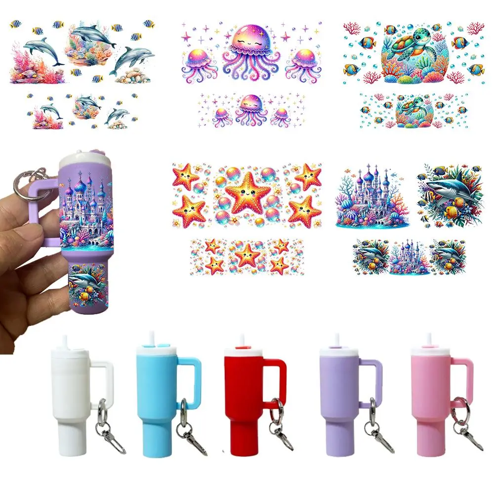 Ocean Themed Keychain Crafts Kit, Mini Cup Keychain & UV DTF Transfer Sticker, Customizable Stickers, DIY Handmade Set, Holiday Gift, Party Gift, Handmade Gifts