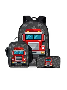 Off-road Fire Truck Printed Pattern Backpack Three-piece Set (Single-layer Backpack + Shoulder Lunch Bag + Single-layer Pencil Case) School Bag