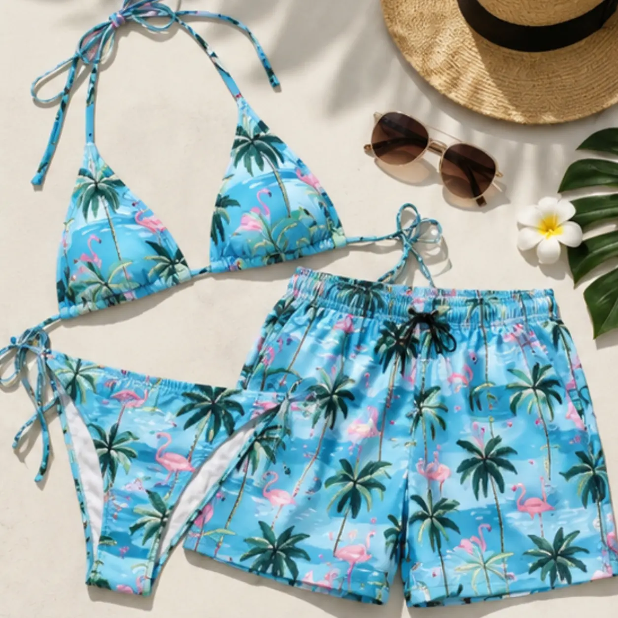 Tropical Flamingo Matching Couple Swimwear, Women’s Triangle Bikini and Men’s Swim Trunks, Blue Palm Tree Beach Set