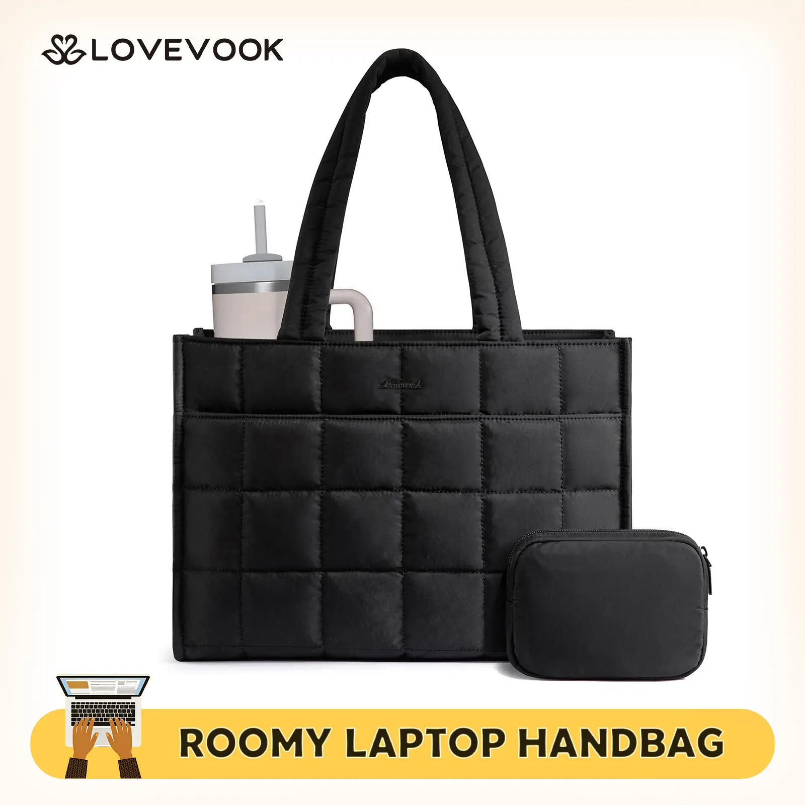 LOVEVOOK Tote Bag for Women, Puffer Work Handbag 15.6 Inch Laptop Purse for Nurse Teacher, Large Quilted Travel Tote Shoulder Bag with Zipper for College Office Clinical Gym, Khaki TikTokShopBackToSchool