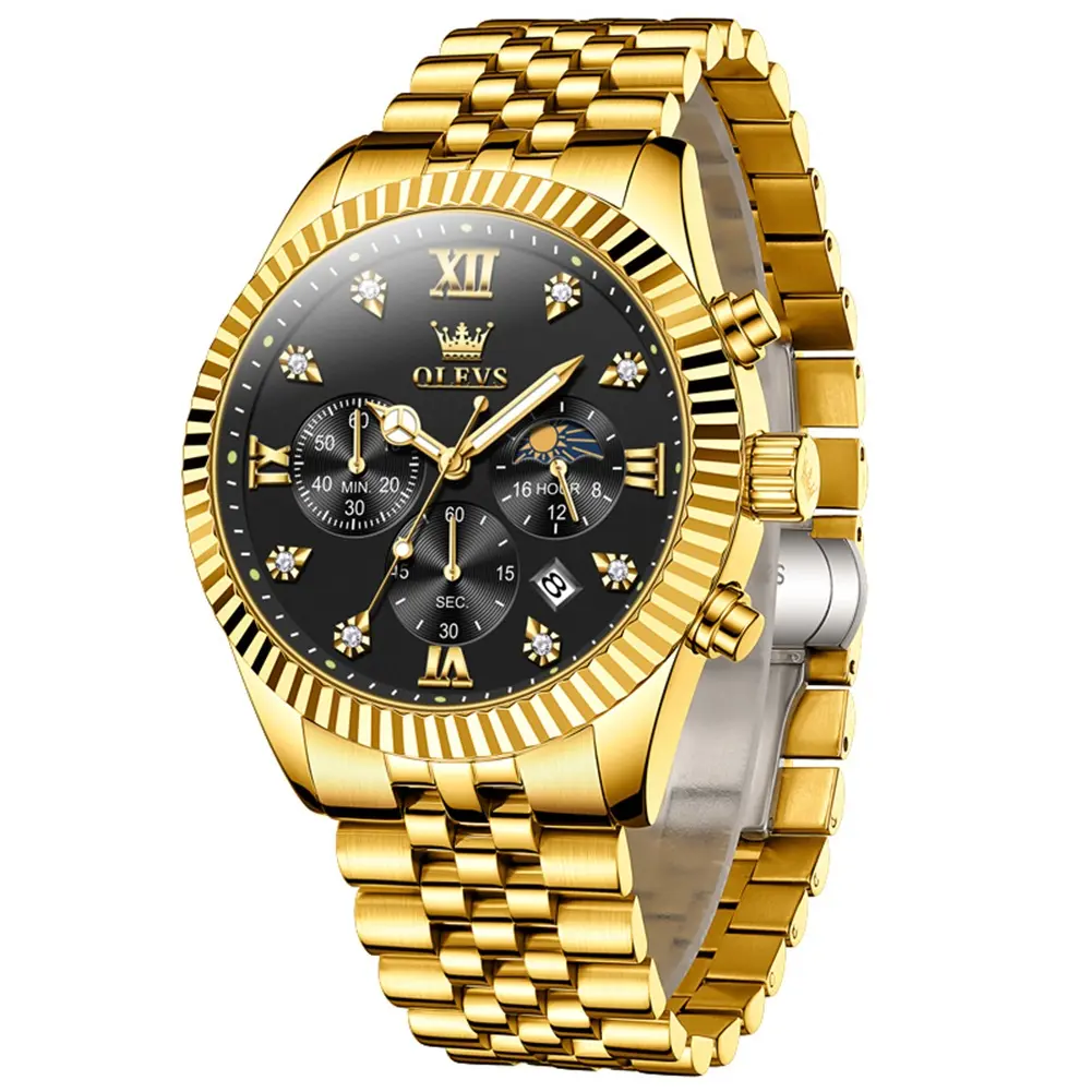 OLEVS Men's Fashion Quartz Watch Luxury Stainless Steel Waterproof Luminous Chronograph Sub Dials Diamond Index Date Calendar Fluted Bezel Sun Moon Phase Wristwatch Ideal Birthday Father's Day Gift Box Set for Men 2932