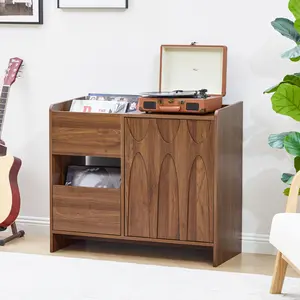 Giratree Mid-Century Modern Record Player Stand with Drawer and Cabinet Door, Wooden Turntable Table with Vinyl Storage for Living Room