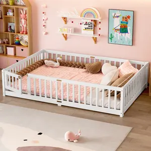 Twin/Full/Queen Size Bed Floor Bed Solid Wood Montessori Floor Bed Frame with Safety Guardrails, Slats, Fence and Door