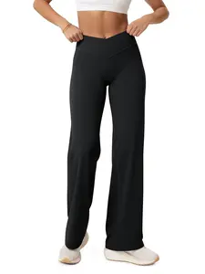 ODODOS Hidden Scrunch Butt Lifting Crossover Straight Leg Leggings for Women - No Front Seam High Waist Yoga Pants, 31"
