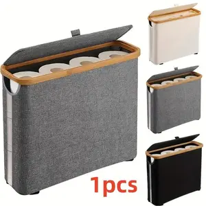 1PC Bamboo Toilet Paper Basket, Lidded Large Capacity Holds 9 Rolls, Bathroom Toilet Paper Cabinet, Home Restroom Tissue Storage Container