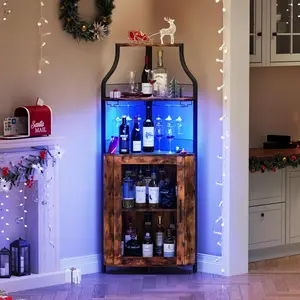 Gaomon Rustic Brown Corner Wine Cabinet - Modern Credenza Cabinet, Home Decor Storage Furniture with RGB LED Lights, Adjustable Shelf, Detachable Wine Glass Holder, Metal Frame, 18.5”x17.7”x60.6” Footprint, Compact Liquor Organizer for Any Corner