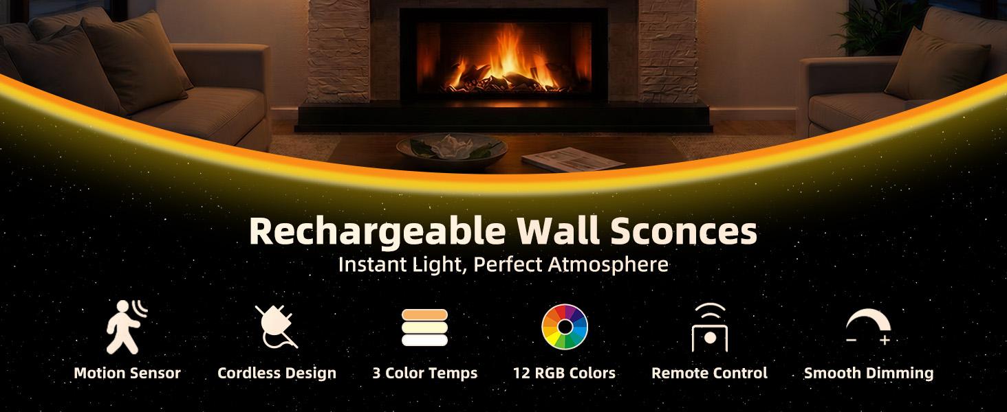 Motion Sensor Light Indoor with Remote, 4000mAh Rechargeable RGB Ambient LED Wall Lamp, Magnetic Stick-On Night Light for Hallway, Stairs, Bedroom and Living Room(2 Pack)