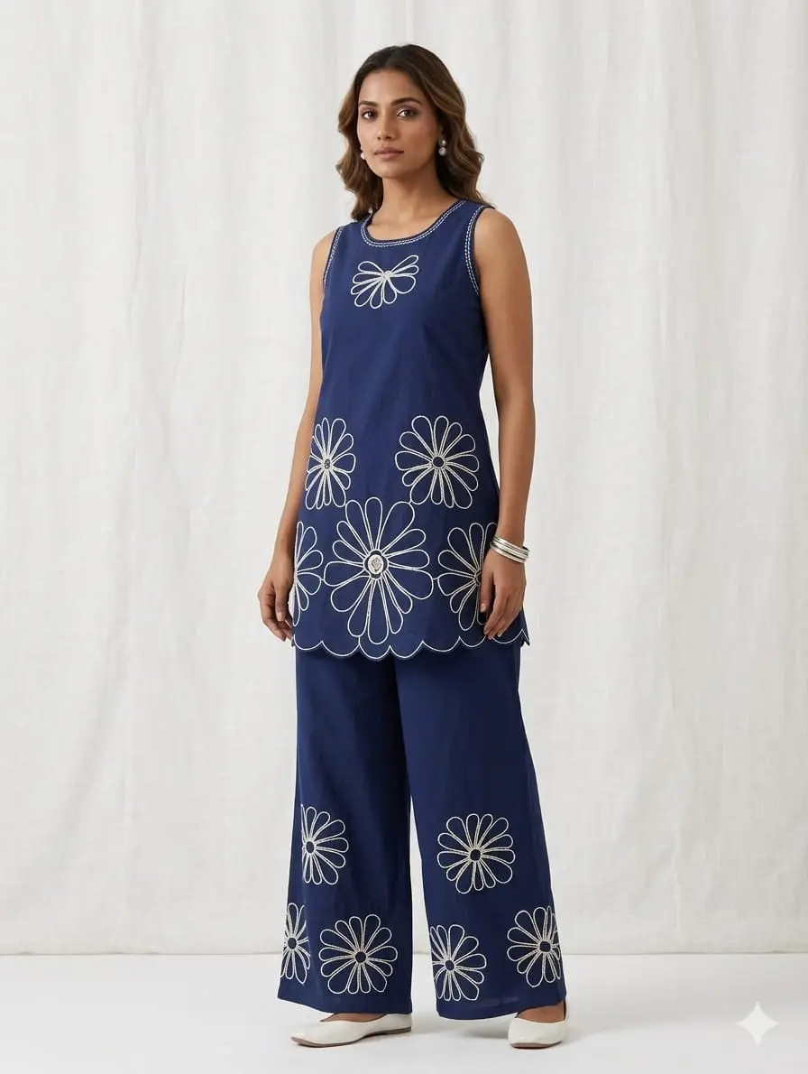 Navy Blue Floral Embroidered Coord Set - Sleeveless Kurti and Wide Leg Pants