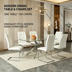 6-Piece Dining Table and Chair Set, 51.18-Inch Rectangular Clear Tempered Glass Dining Table + 6 High-Back PU Leather Chairs, Silver Chrome Legs, Modern Kitchen Dining Room Set, White and Silver.  dining furniture