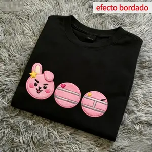 BT21 COOKY Pink Pattern T-shirt, using imitation embroidery printing technology (not real embroidery), rabbit design, suitable for men, women, mothers and friends, couple style, fashionable and loose, youthful and energetic, men's daily wear top
