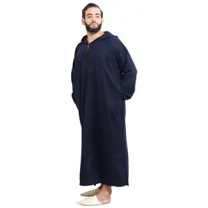 Moroccan Men Djellaba Handmade Winter Cotton Delicate Embroidery Navy Large to X-large